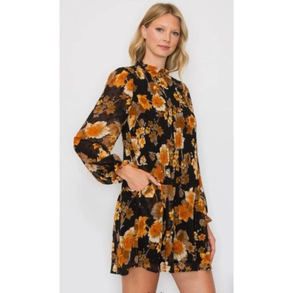 Melloday Black Semi-Sheer Floral Print Drop Waist Long Sleeve Mini Dress Sz S‎